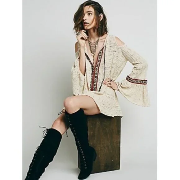 Free People Beige Crochet Cold Shoulder Bell Slv Asymmetrical Tunic Mini Dress - Picture 9 of 16